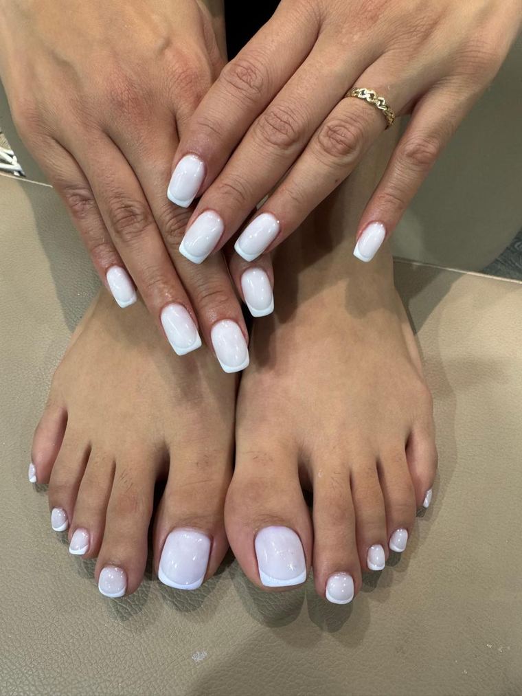 Matching French manicure and pedicure